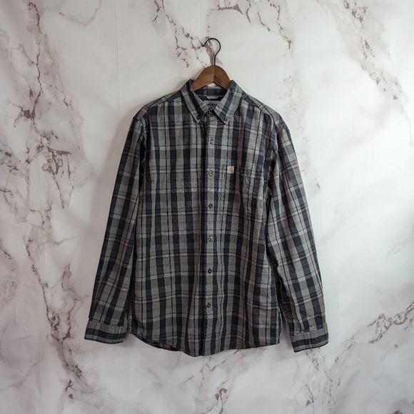 Carhartt Men Long Sleeve Medium Button Up Plaid Shirt Gray Collared Top - Picture 1 of 11
